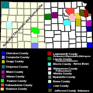 Map of counties in Kansas where indian tribes live or previously lived